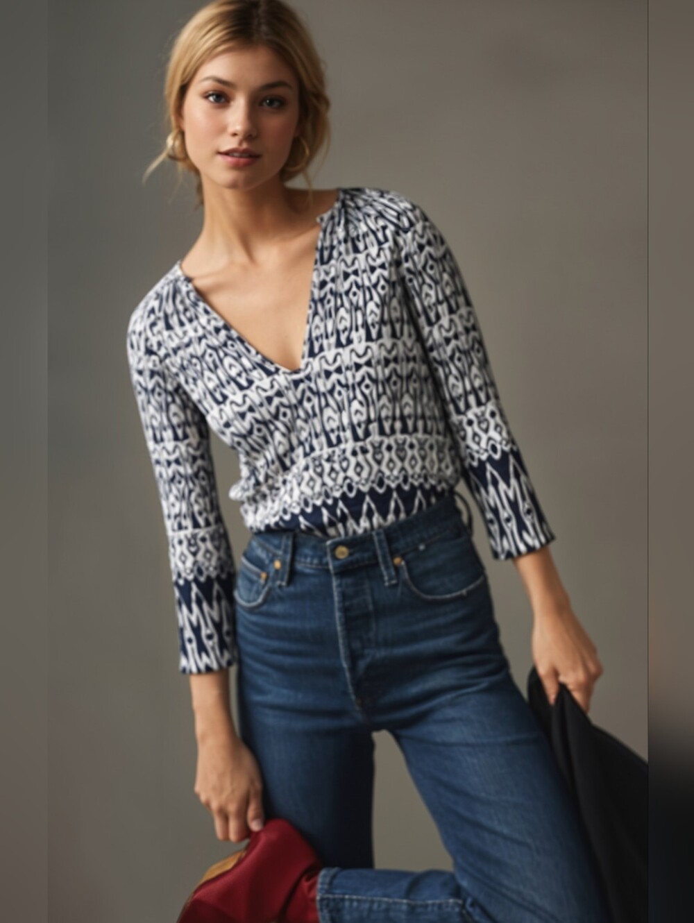 Anthropologie Velvet By Graham & Spencer Navy & White Tribal Print Blouse